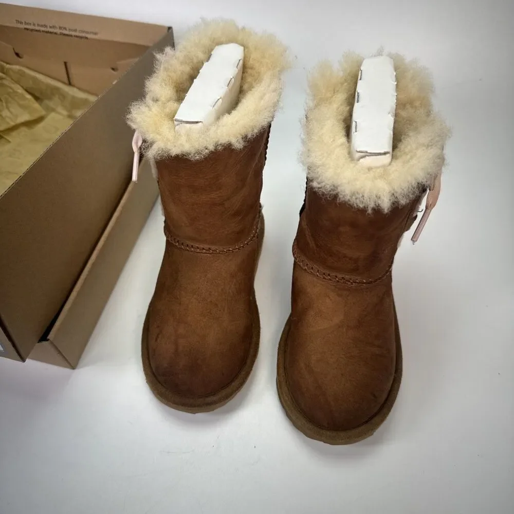 Ugg Boots Girls 9 Pala Toddler Chestnut Brown Lace-up Bow Pull On 1017737T w Box